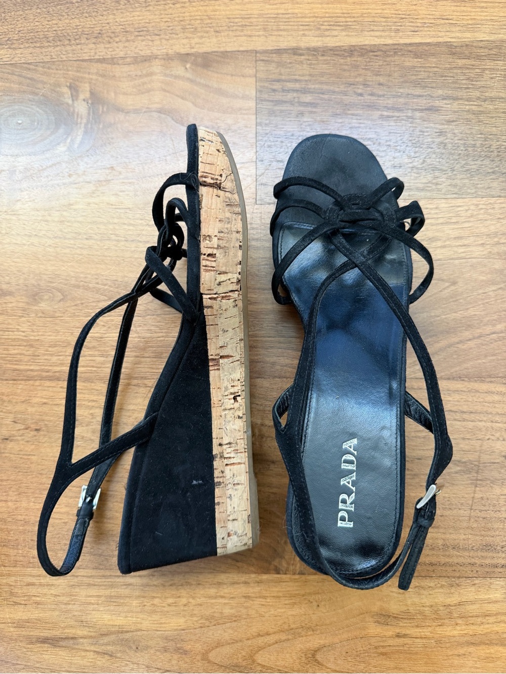 Prada Black Suede Cork Wedge Sandals with Lace Straps